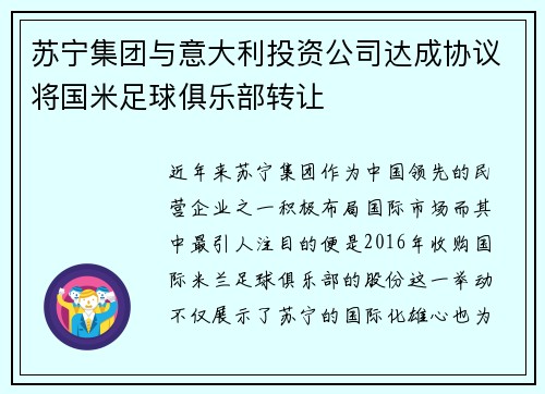 苏宁集团与意大利投资公司达成协议将国米足球俱乐部转让